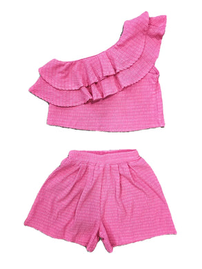 One Shoulder Short Set - Fushia