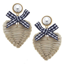Wicker Heart Shaped Drop Earring Featuring Gingham Bow & Pearl