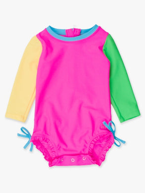 Neon Color Block  Long Sleeve One Piece Rash Guard