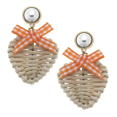 Wicker Heart Shaped Drop Earring Featuring Gingham Bow & Pearl
