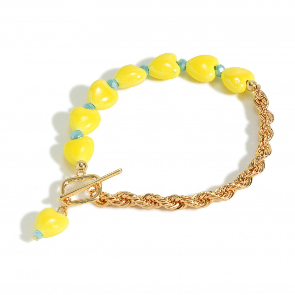 Gold Tone Rope Chain Link Bracelet Featuring Ceramic Heart Beads