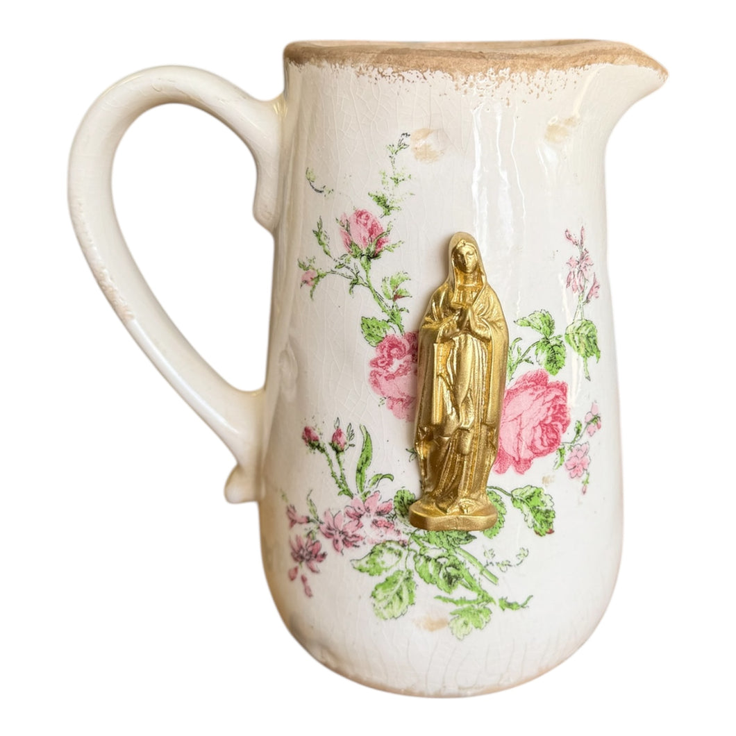 Mother Mary Intaglio on pink floral ceramic vase