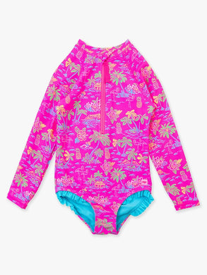 Neon Island Time Long sleeve Zipper One Piece Rash Guard Swimsuit