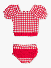 Vintage Red Gingham Puff Sleeve Ruffle Tankini