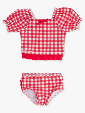 Vintage Red Gingham Puff Sleeve Ruffle Tankini