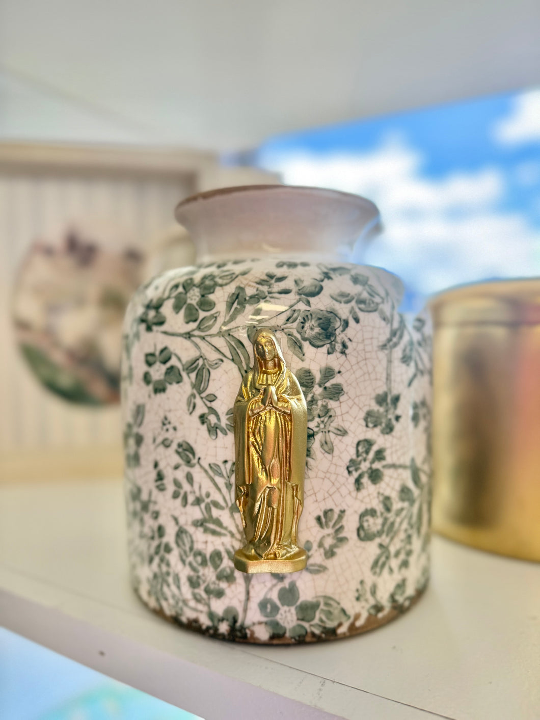 Mother Mary Intaglio on green/white crackled ceramic vase