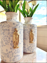 Mother Mary Intaglio on Soft Blue Floral Slim Ceramic Vase