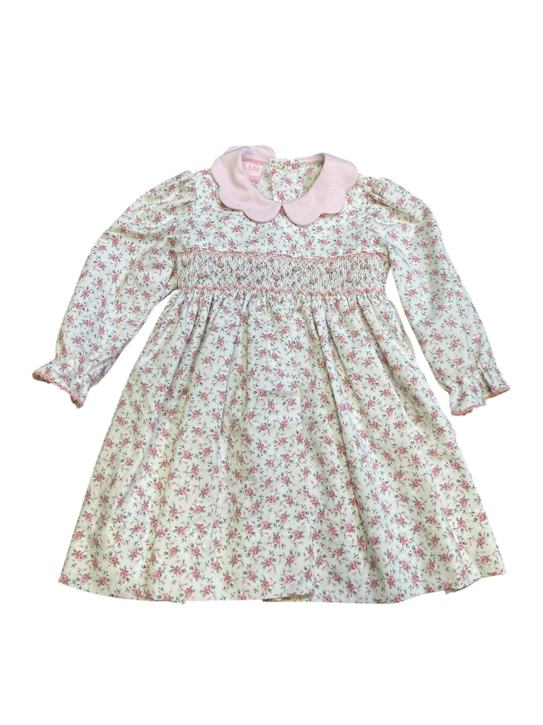 Floral Smocked Long Sleeve Dress w/ Scalloped Collar