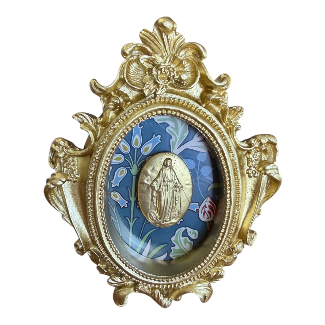 Our Lady of Grace Intaglio on dark blue floral small vintage frame