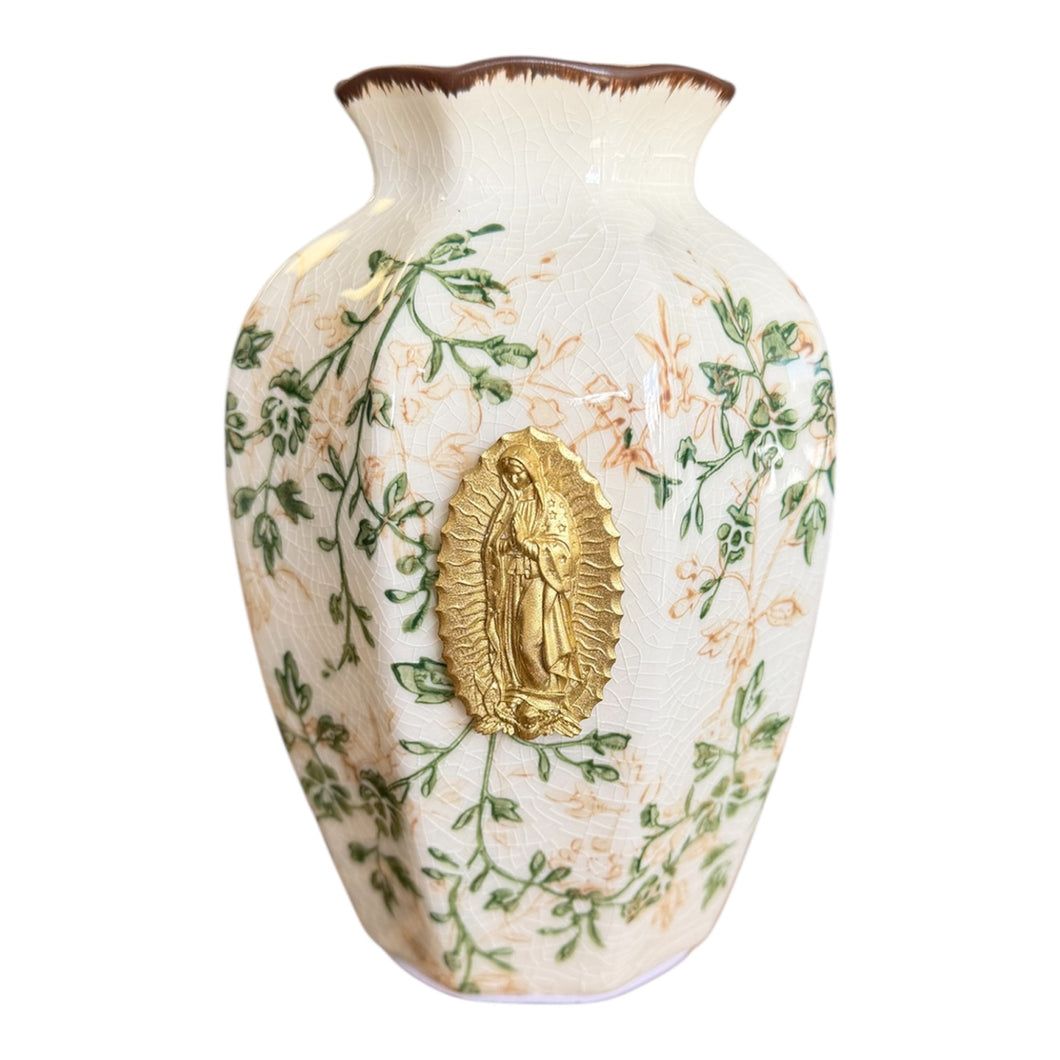 Our Lady of Guadalupe Intaglio on green/beige floral ceramic vase