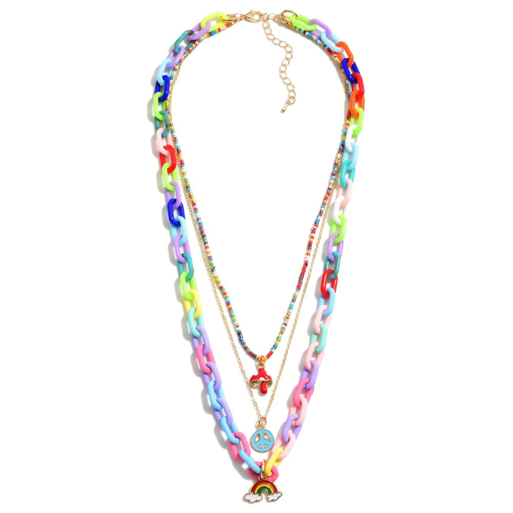 Layered Beaded and Chunky Chain Link Necklace Featuring Rainbow, Mushroom, and Peace Sign Charms