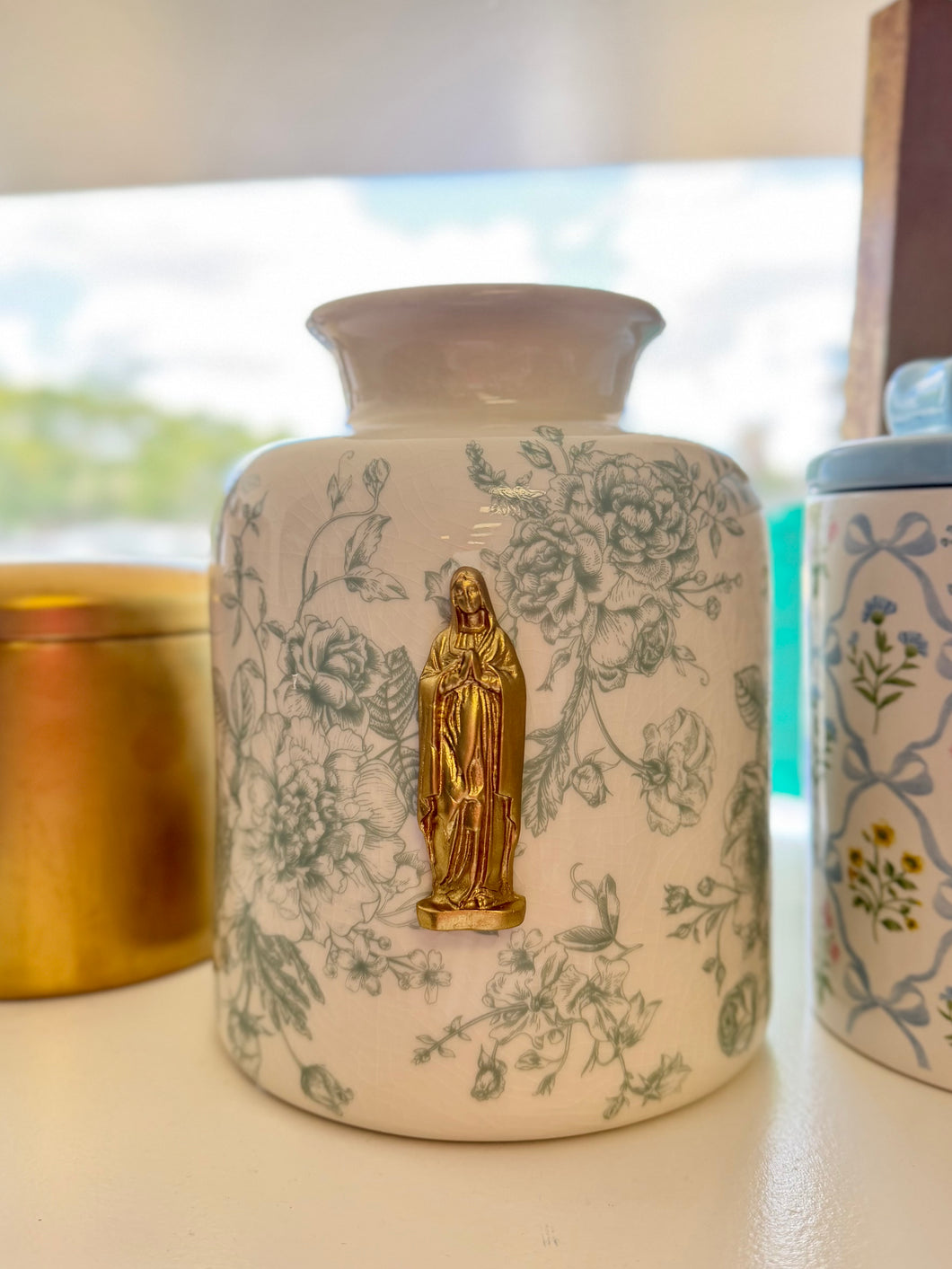 Mother Mary Intaglio on soft green floral ceramic vase