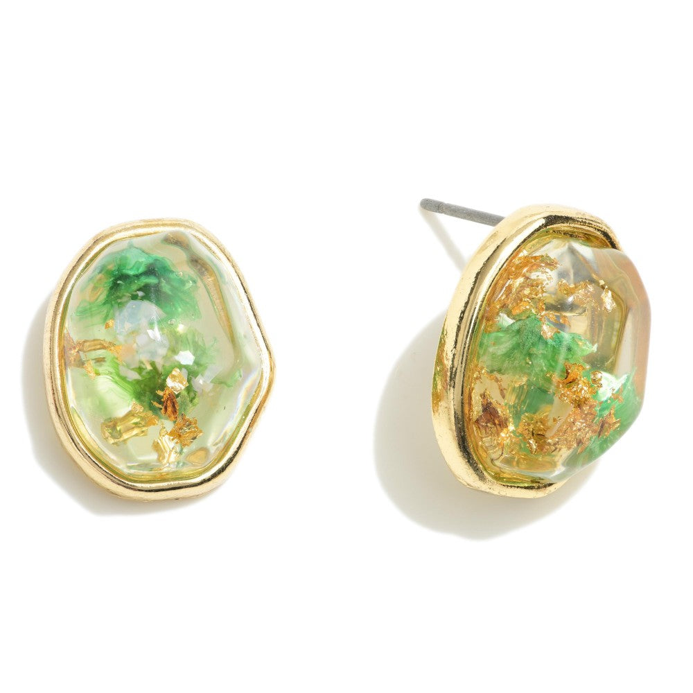 Resin Gold Tone Stud Earrings With Gold Foil