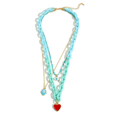 Acrylic Chain Link Layered Necklace With Hamsa Hand and Heart Charms