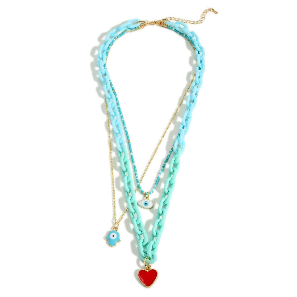 Acrylic Chain Link Layered Necklace With Hamsa Hand and Heart Charms