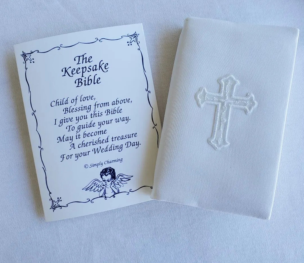 White Satin Covered Keepsake Baby Bible with Cross