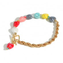 Gold Tone Rope Chain Link Bracelet Featuring Ceramic Heart Beads