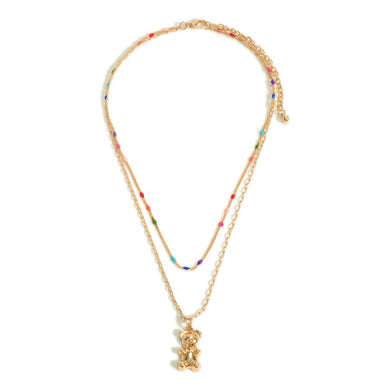 Gold Tone Layered Necklace with a Bear