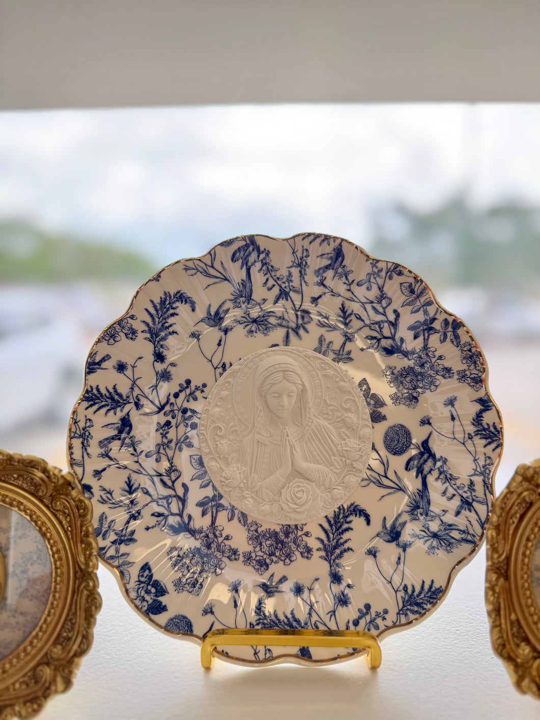 Mother Mary floral intaglio on blue floral bird 8” plate with easel