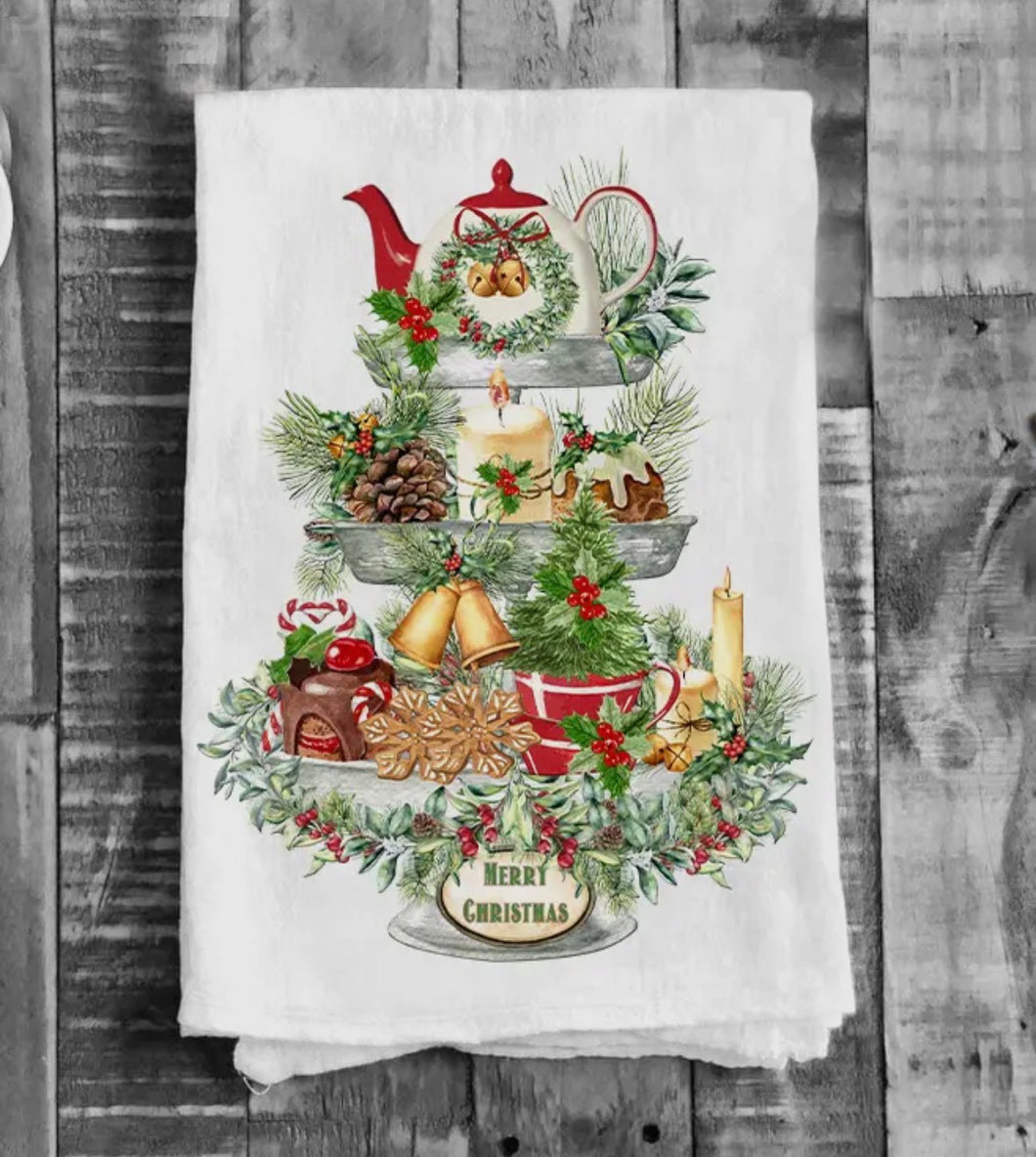 Merry Christmas Farmhouse 3 Tier Tray Flour Sack Tea Towel