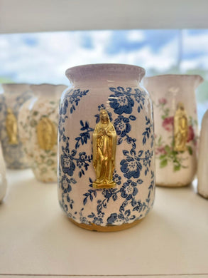 Mother Mary Intaglio on blue/white ceramic vase