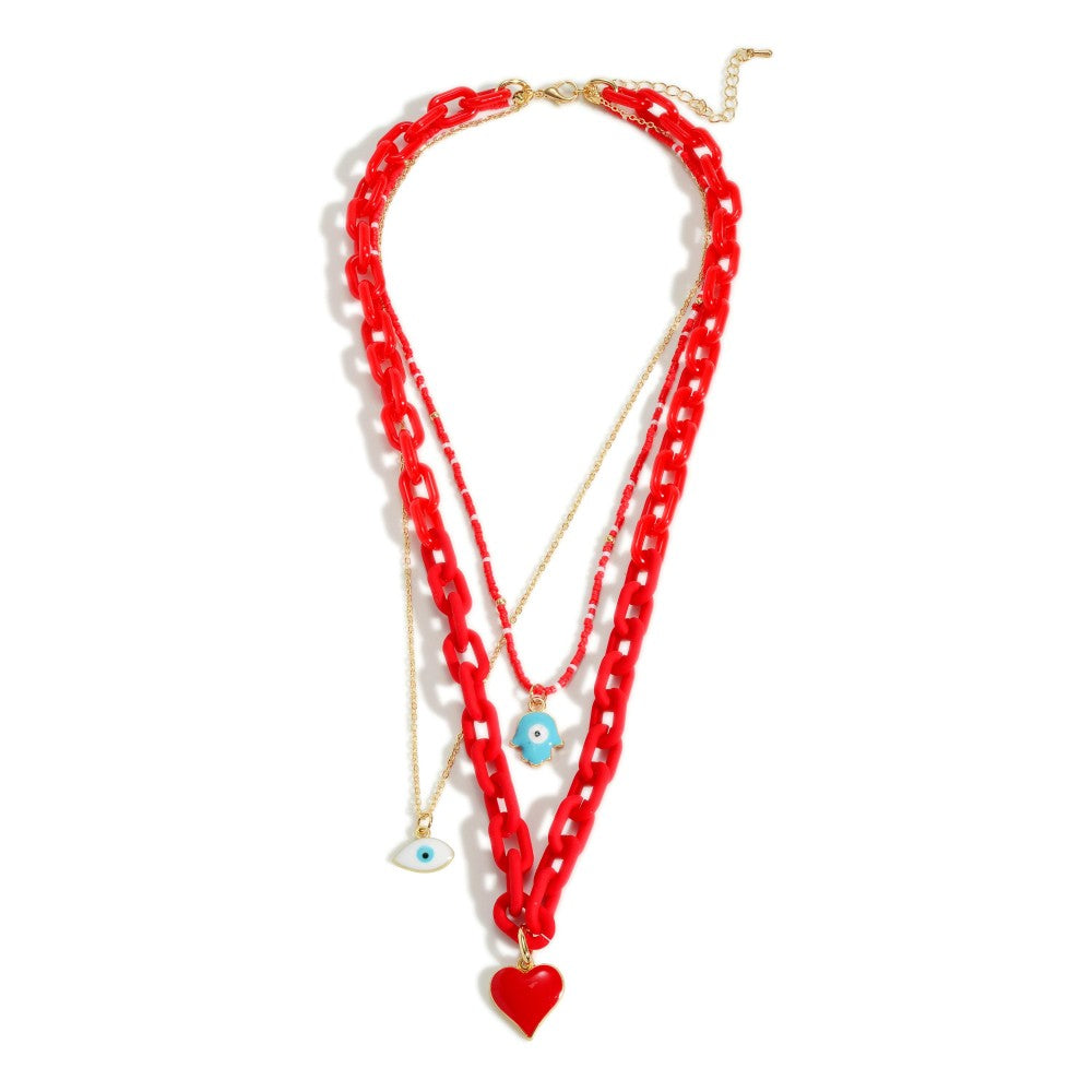 Acrylic Chain Link Layered Necklace With Hamsa Hand and Heart Charms