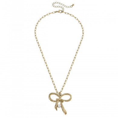 Chain Link Necklace With Double Bow And Rhinestone Pendant