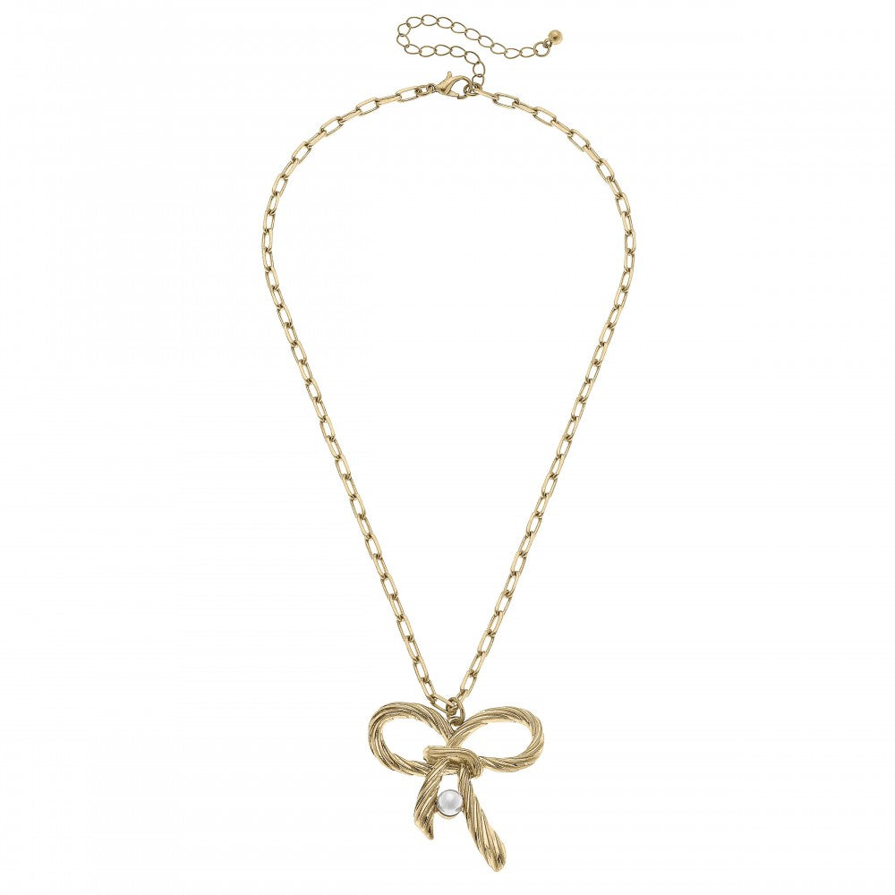 Chain Link Necklace With Double Bow And Rhinestone Pendant