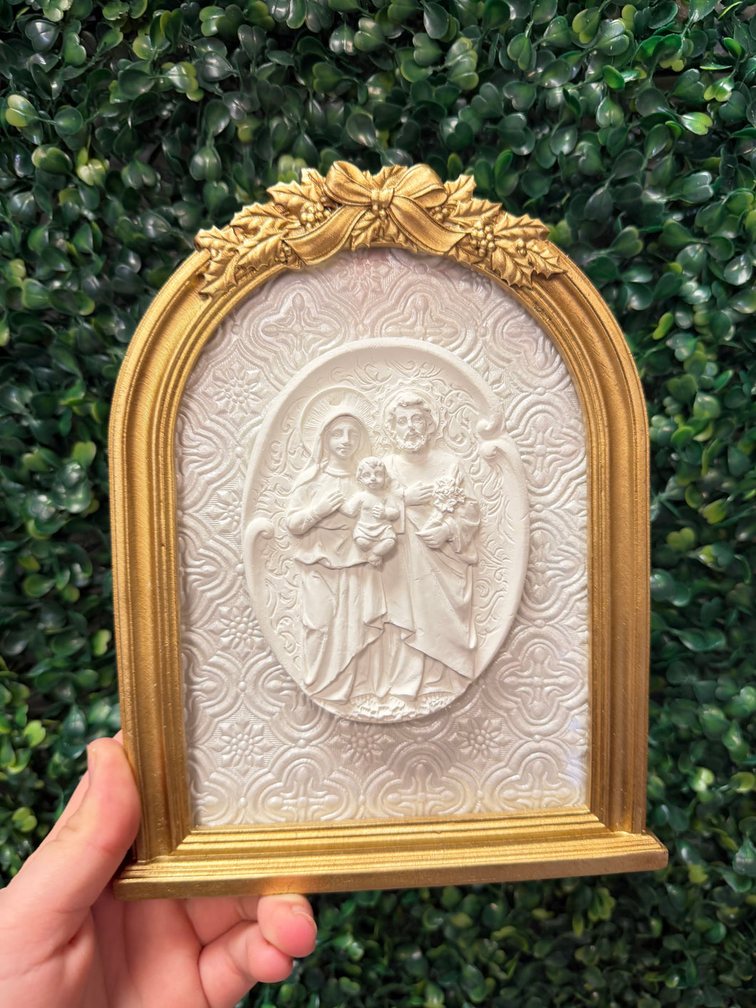 Holy Family Intaglio on Ivory Medallion Backed on Vintage Bow