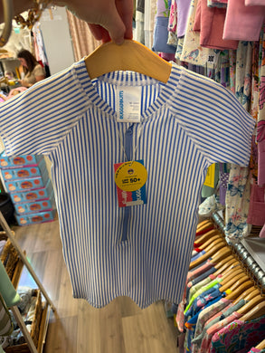 Periwinkle Blue Seersucker Short Sleeve One Piece Rasg Guard Swimsuit