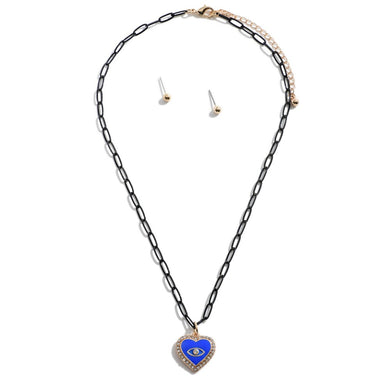 Colored Chain Link Necklace Featurin Eye Heart Pendant With Rhinestone Accents and Gold Stud Earrings