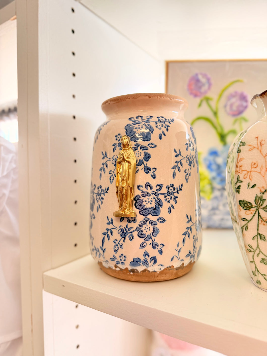 Mother Mary Intaglio on blue/white crackled ceramic vase