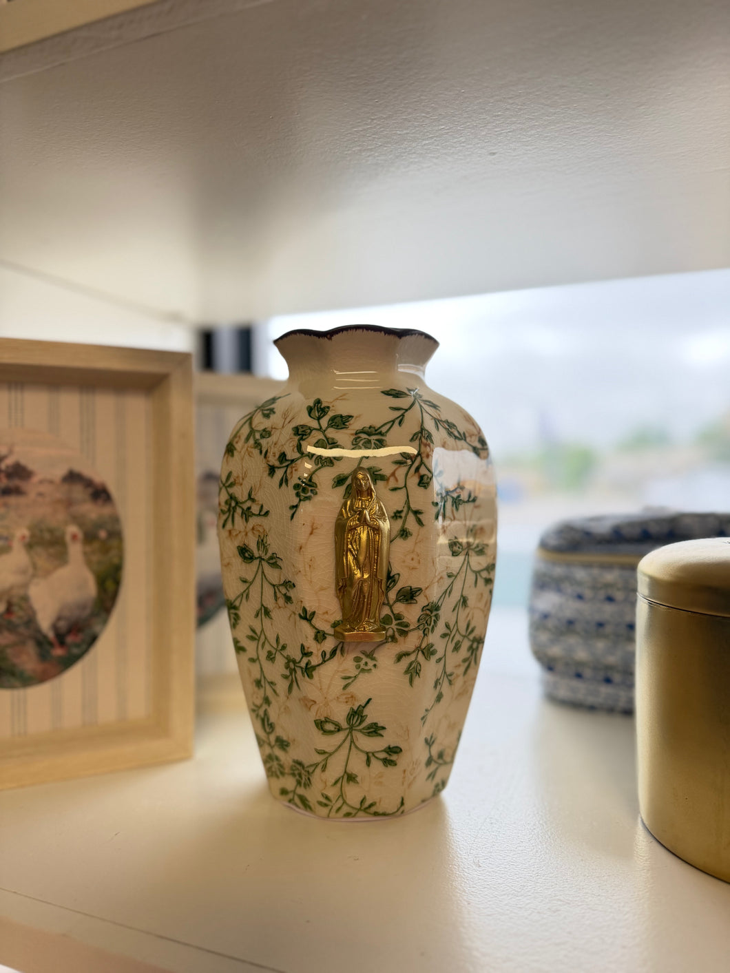 Mother Mary Intaglio on green/beige Large ceramic vase