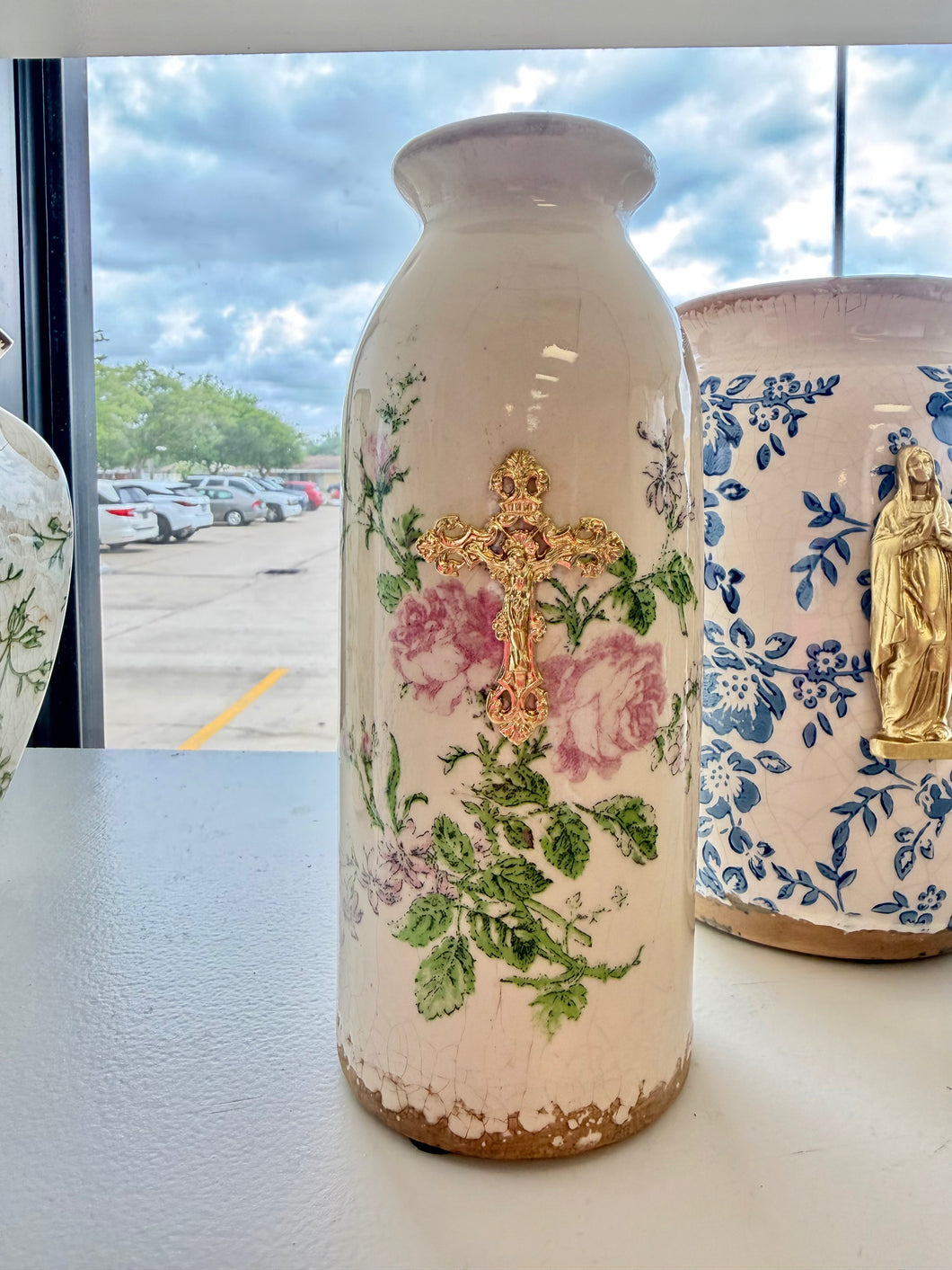 Crucifix on Pink Floral Slim Ceramic Vase