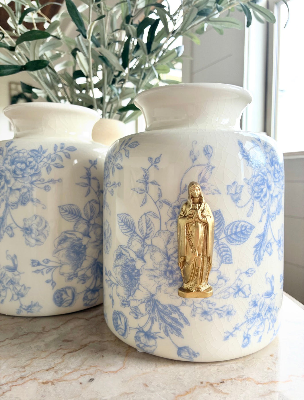Mother Mary Intaglio on Soft Blue Floral Ceramic Vases