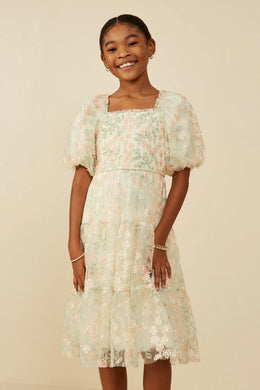 Smocked Floral Mesh Lace Tiered Dress