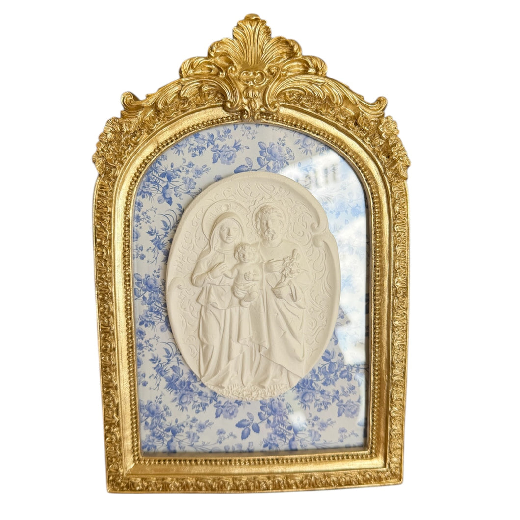 Holy Family Intaglio on blue floral backed vintage gold frame