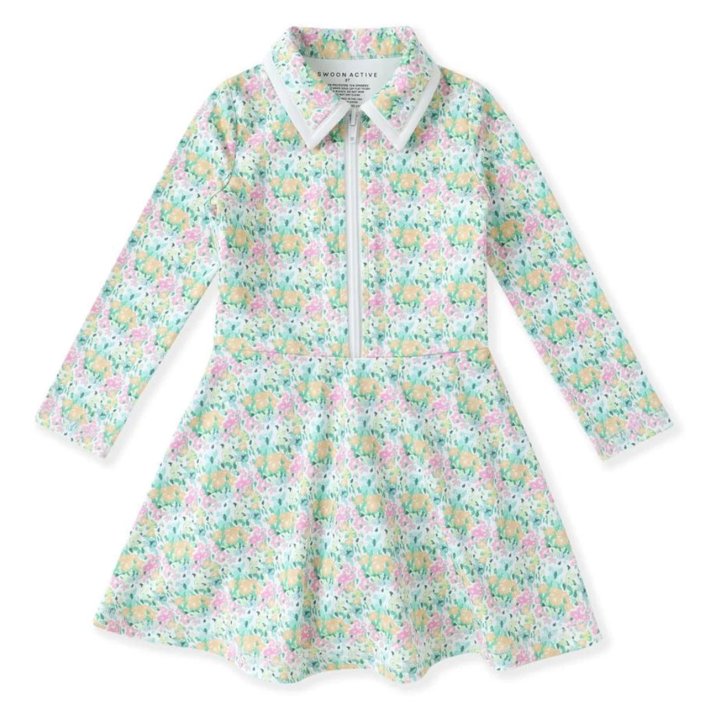 Green Floral Bloom Long Sleeve Tennis Dress