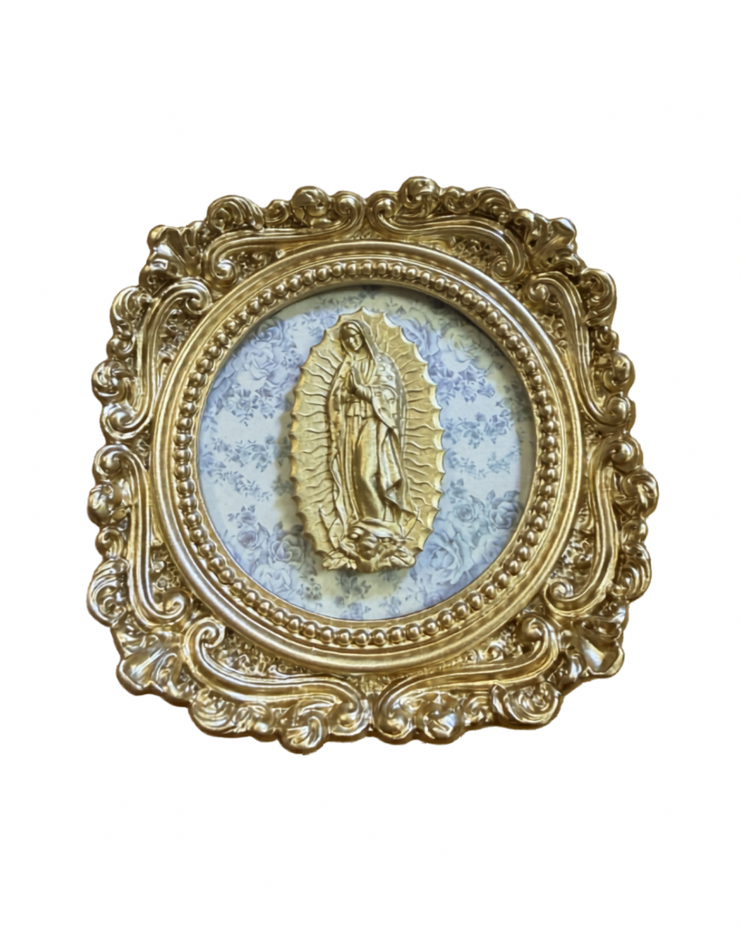 Our Lady of Guadalupe intaglio on cream floral backed on round vintage frame
