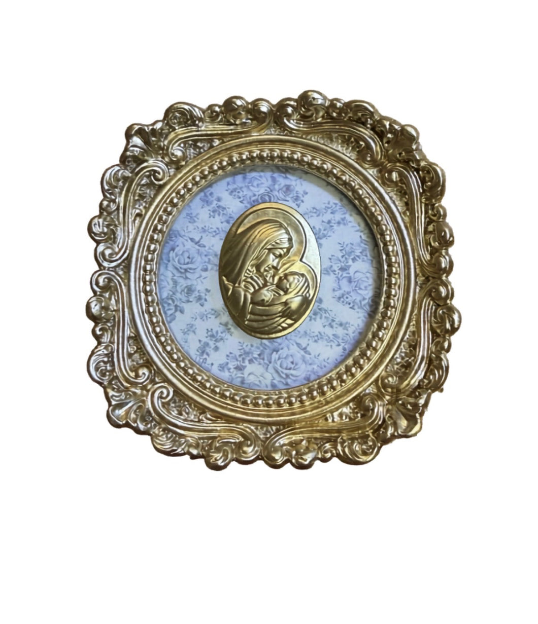 Mother Mary & Baby jesus intaglio on cream floral backed on round vintage frame
