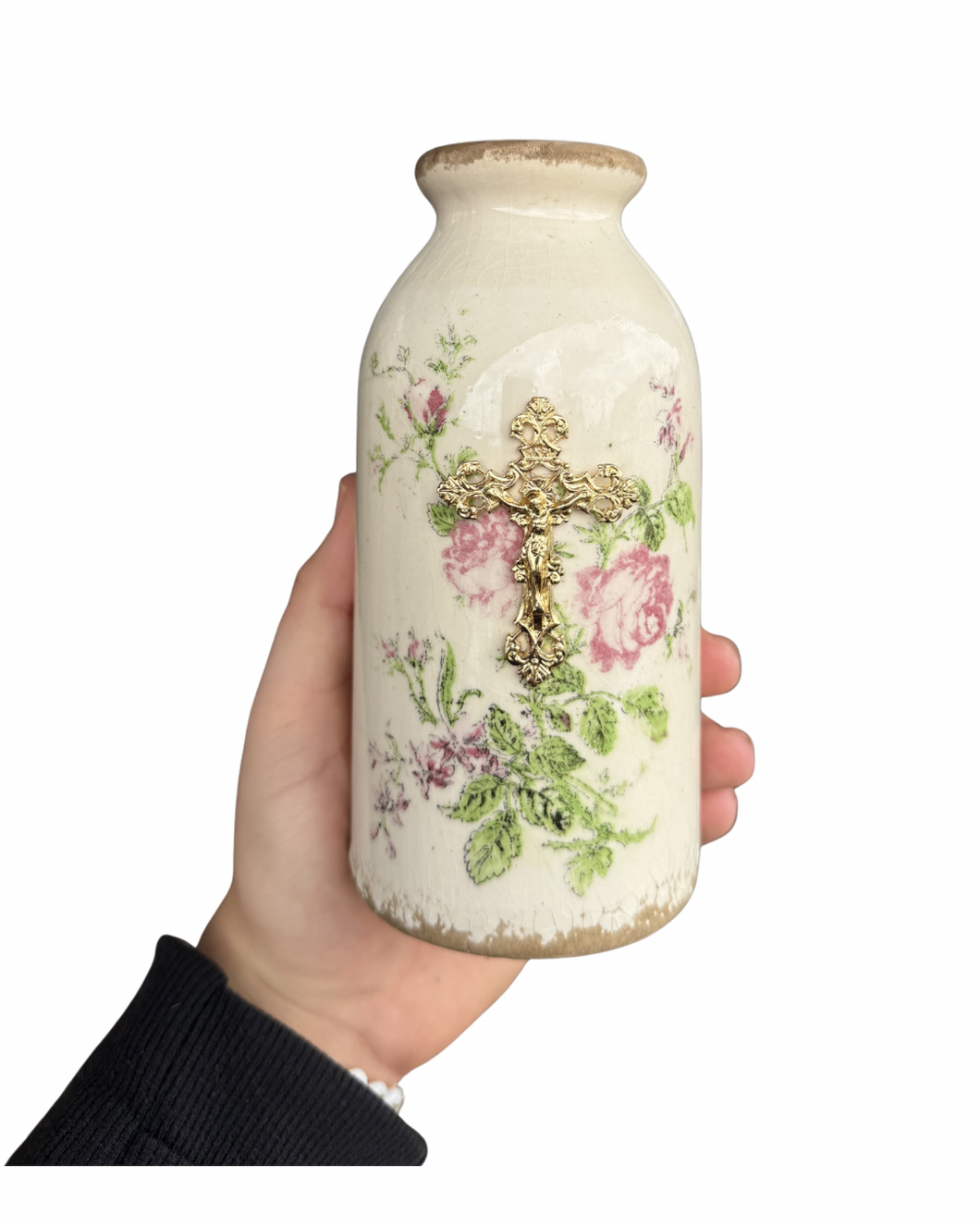 Crucifix on Pink Floral Small Ceramic Vase