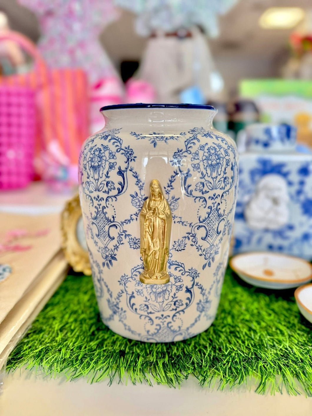 Mother Mary Intaglio on Blue and White Chinoiserie Ceramic Vase