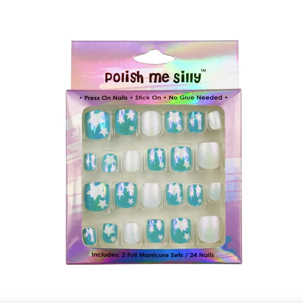 Teal Glitter Stars - Press On Nails Manicure