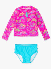 Neon Island Time Long Sleeve Zipper Rash Guard 2-Piece swimsuit, w/ Signature Rear Ruffles