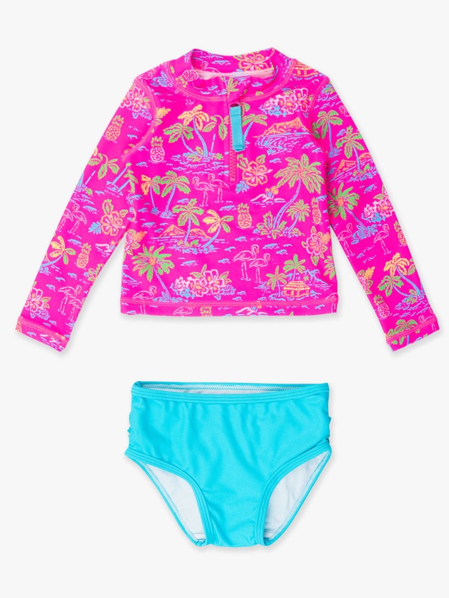 Neon Island Time Long Sleeve Zipper Rash Guard 2-Piece swimsuit, w/ Signature Rear Ruffles