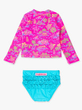 Neon Island Time Long Sleeve Zipper Rash Guard 2-Piece swimsuit, w/ Signature Rear Ruffles