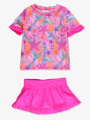 Neon Shimmer Mermaid Short Sleeve Ruffle Rash Guard Skirted 2-Piece Swimsuit