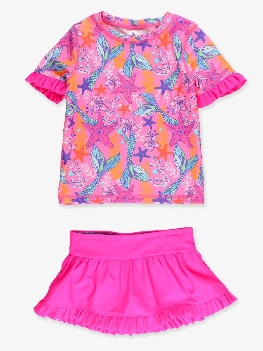 Neon Shimmer Mermaid Short Sleeve Ruffle Rash Guard Skirted 2-Piece Swimsuit