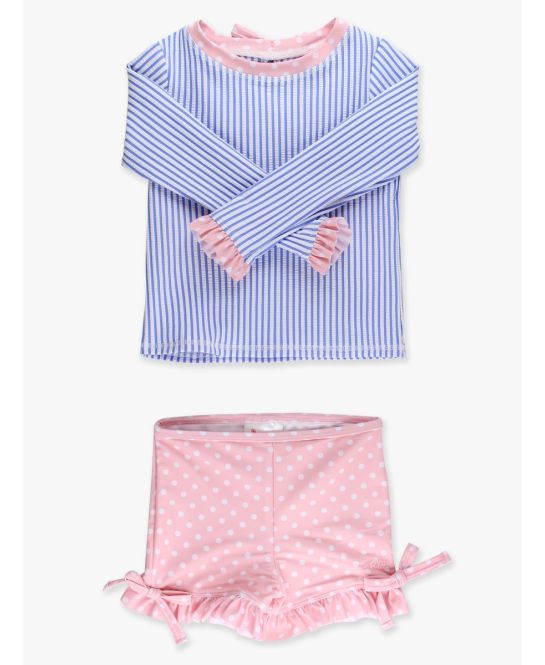 Periwinkle Blue Seersucker Short Sleeve One Piece Rasg Guard Swimsuit