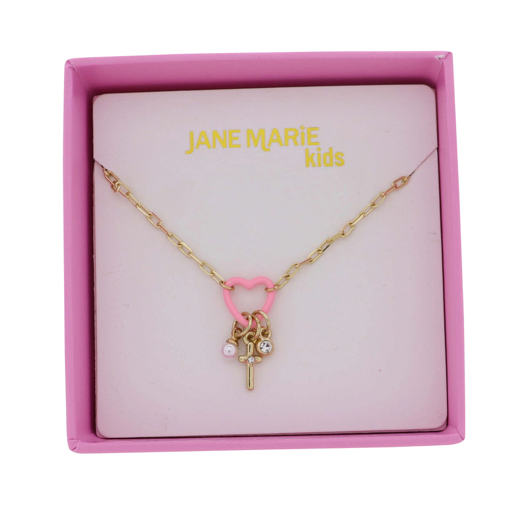 Kids Gold Cable Chain Necklace with Pink Heart Cross, Pearl